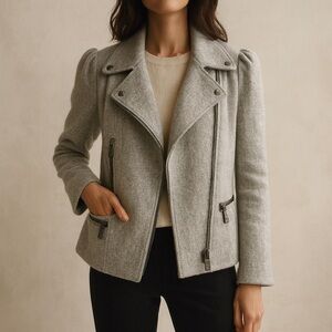 Burberry Grey Virgin Wool Moto Jacket Lightweight Knit Size 8